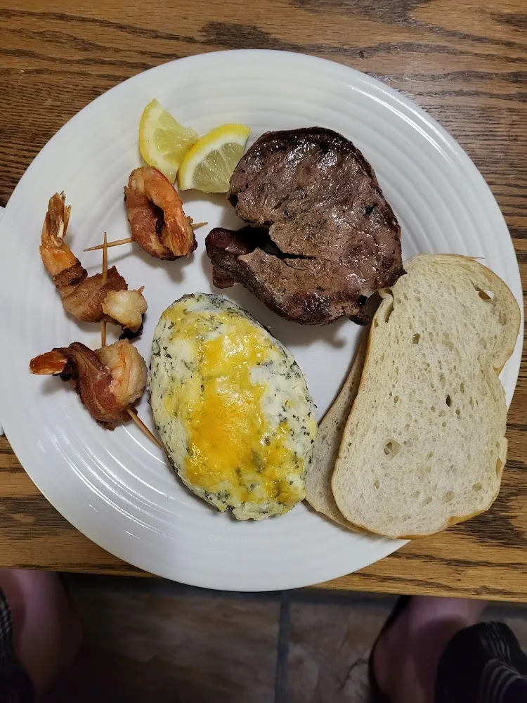 Filet w Bacon Wrapped Shrimp Twice Baked Potato
